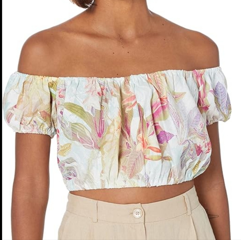 Guess Crop Top Linen Flax Tropical Off Shoulder Miraflores Festival Resort XL